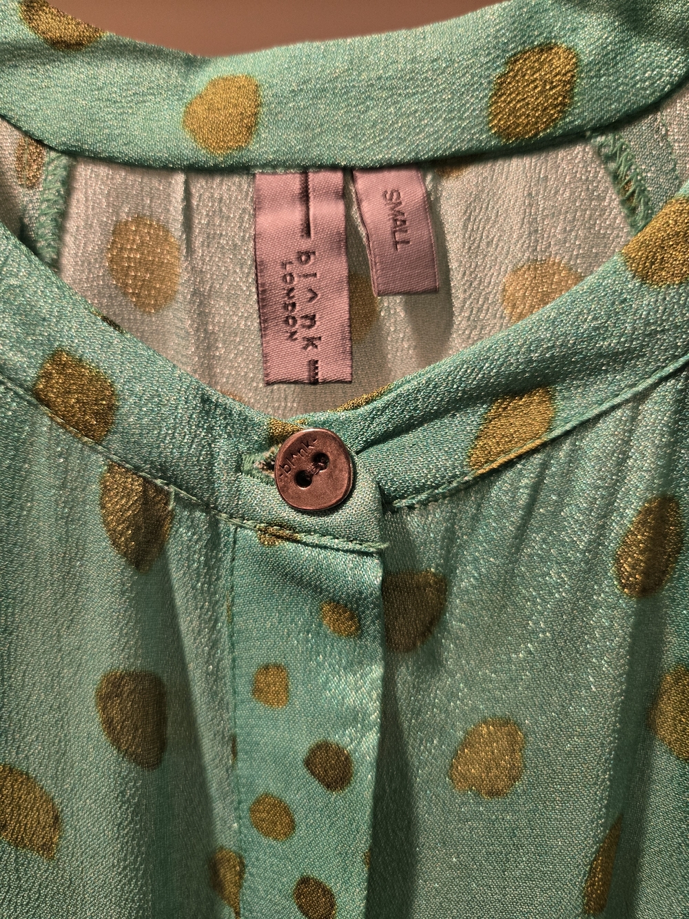 Anthropologie Bl^nk London Green With Gold Polka Dot Boho Dress - Picture 7 of 11